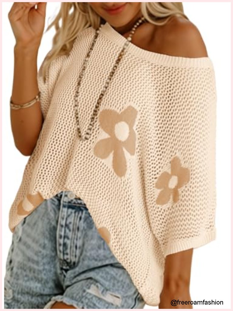 Floral Crochet Short Sleeve Pullover Sweater Swimsuit Cover Up Lightweight Knit